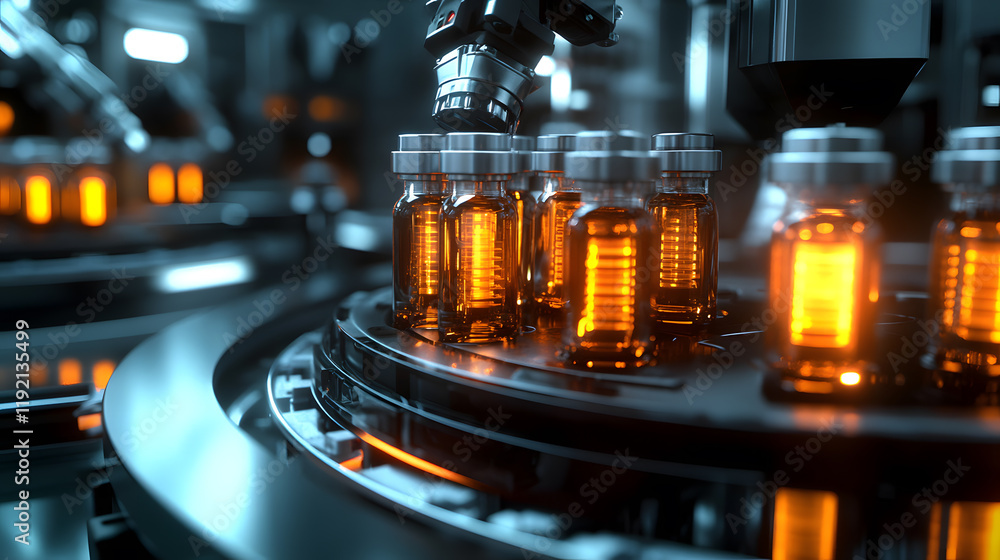 Pharmaceutical production line with glowing vials, showcasing advanced technology and automation in modern facility. scene highlights efficiency and precision in manufacturing Pharmaceutical production line with glowing vials, showcasing advanced technology and automation in modern facility. scene highlights efficiency and precision in manufacturing
