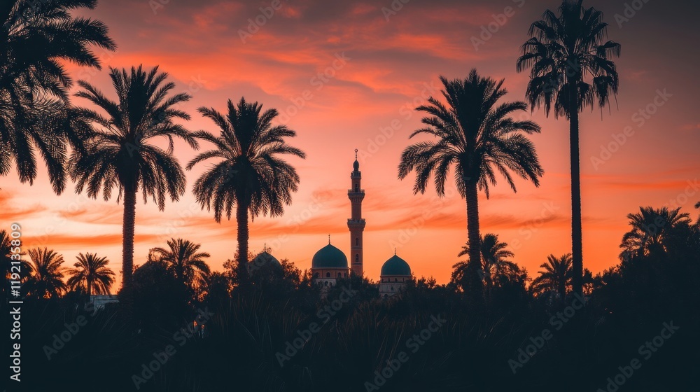 Obraz premium Serene Twilight View of Mosques with Silhouettes and Palm Trees