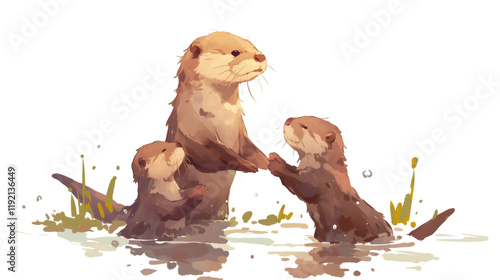 Playful otters interacting in serene water setting, showcasing their social behavior and curiosity. scene captures essence of wildlife and nature beauty