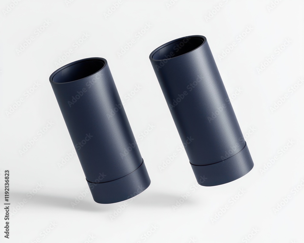 Navy blue paper tube mockups gently spinning in the air with shadow effects on white background. Navy blue paper tube mockups gently spinning in the air with shadow effects on white background.