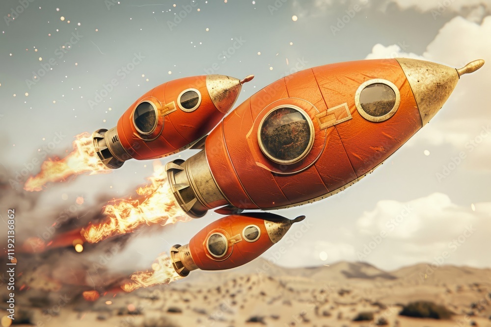 Retro rocket spaceships in flight over desert landscape with glowing trails. Concept of Science Fiction Day Retro rocket spaceships in flight over desert landscape with glowing trails. Concept of Science Fiction Day