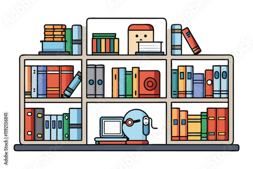 Illustration of a library bookshelf organized with books, binders, and digital AI assistant, blending traditional learning with modern tech
