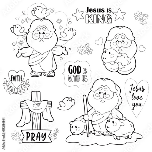 Cartoon Jesus Illustration Jesus Christ and Lamb Clip Art black and white line art coloring book