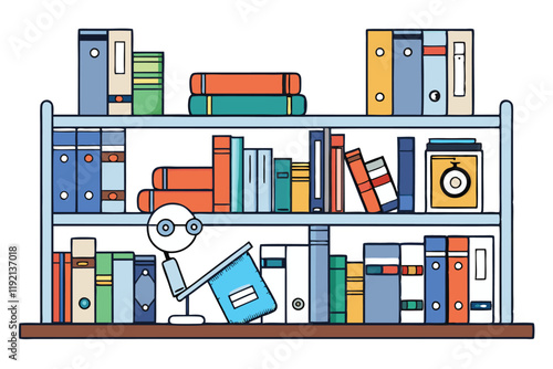 Vector style library illustration featuring neatly arranged books, binders, and a modern AI gadget, symbolizing the future of education and learning