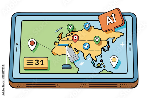 Creative illustration of a tablet displaying a digital map with AI suggestions, waypoints, and modern navigation features for travel assistance
