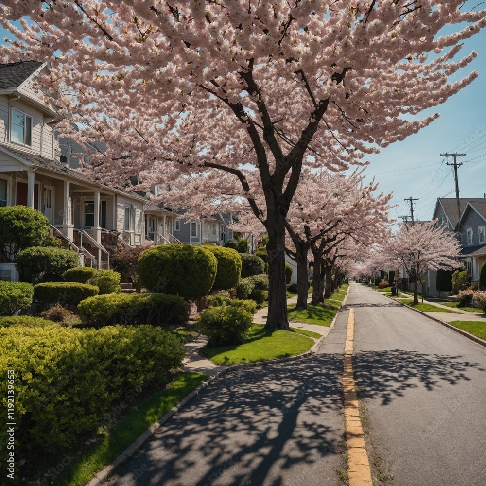 A quiet suburban street lined with cherry blossom trees in full bloom.
A quiet suburban street lined with cherry blossom trees in full bloom.