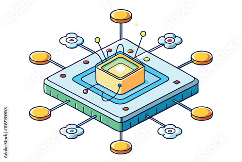 Vibrant 3D illustration of a quantum processor with glowing nodes, emphasizing futuristic computing, data flow, and quantum mechanics