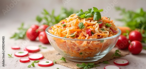 Vibrant Mizeria Salad in Glass Bowl with Fresh Herbs and Vegetables photo