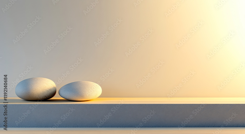 Fototapeta premium Smooth stones placed on a wooden shelf under warm light in a minimalist setting