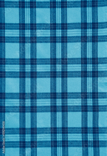 top view of blue checkered tablecloth surface as food background eat concept banner for culinary presentations. merry christmas backdrop. white and black Checkered Tablecloth on Wood Table