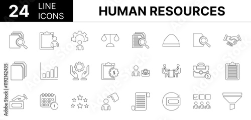 Collection of 24 Human resources line icons featuring editable strokes. These outline icons depict various modes of Human resources, activity, approval, approved, associate, be of use, business, colla