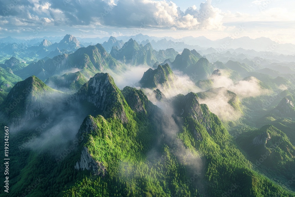 Obraz premium Aerial view of a mountain range is surrounded by clouds and mist during sunrise, towering into the sky. The green peaks stand tall in the sunlight