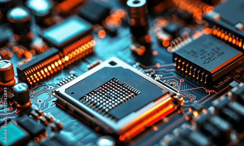 Close-up View of a Microprocessor on a Circuit Board with Glowing Elements, Showcasing Technology and Innovation in Modern Electronics Close-up View of a Microprocessor on a Circuit Board with Glowing Elements, Showcasing Technology and Innovation in Modern Electronics