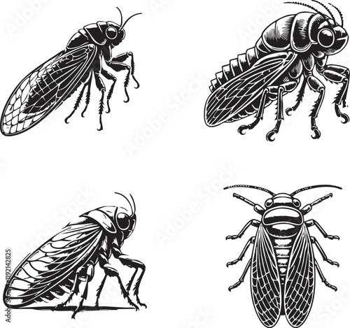 4 Set of High-Quality Silhouettes of the Leaf Hopper Nymph Presented in Detailed Monochrome Art Style"