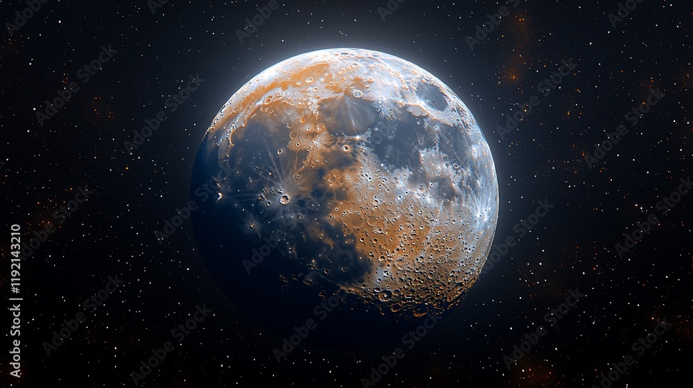 Obraz premium Enhanced view of the moon's surface, showcasing its craters and color variations against a starry backdrop.