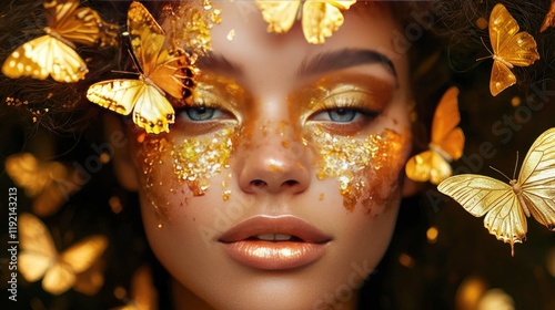 Golden Goddess: A mesmerizing portrait of a woman adorned with gold glitter and butterflies.