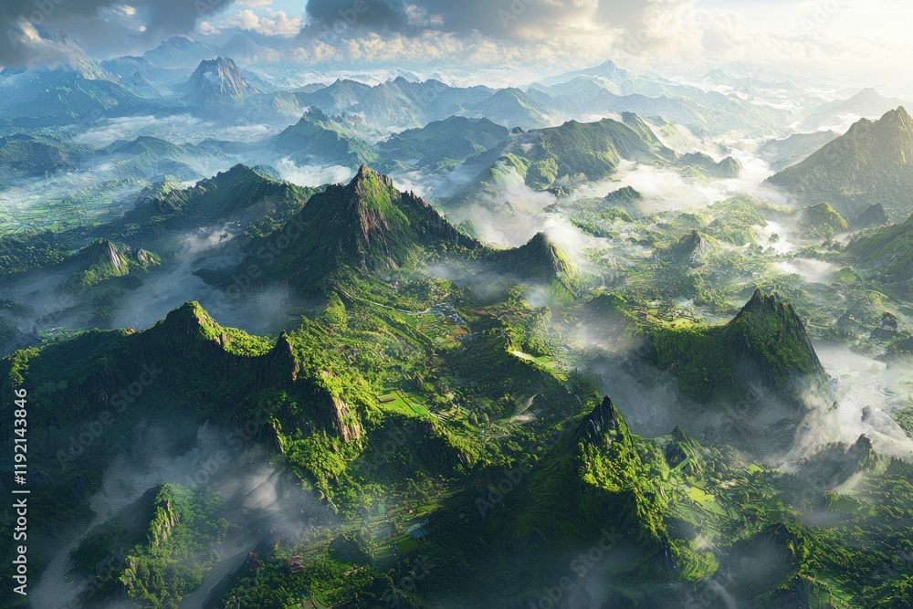Aerial view of a mountain range is surrounded by clouds and mist during sunrise, towering into the sky. The green peaks stand tall in the sunlight Aerial view of a mountain range is surrounded by clouds and mist during sunrise, towering into the sky. The green peaks stand tall in the sunlight