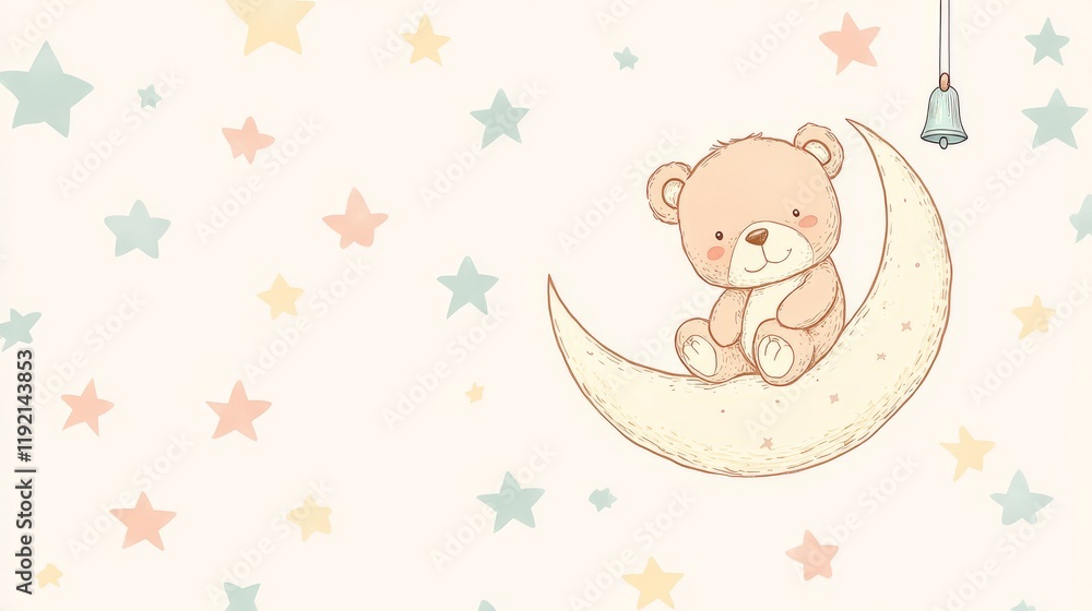 Fototapeta premium Cute bear sitting on crescent moon surrounded by pastel stars, perfect for children's decor.