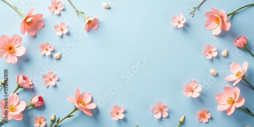 Pastel Pink Blossoms and Delicate Petals Arranged on a Light Blue Background