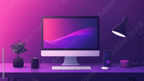 Purple Hues Workspace: Modern Desktop Setup with iMac, Desk Lamp, and Plant