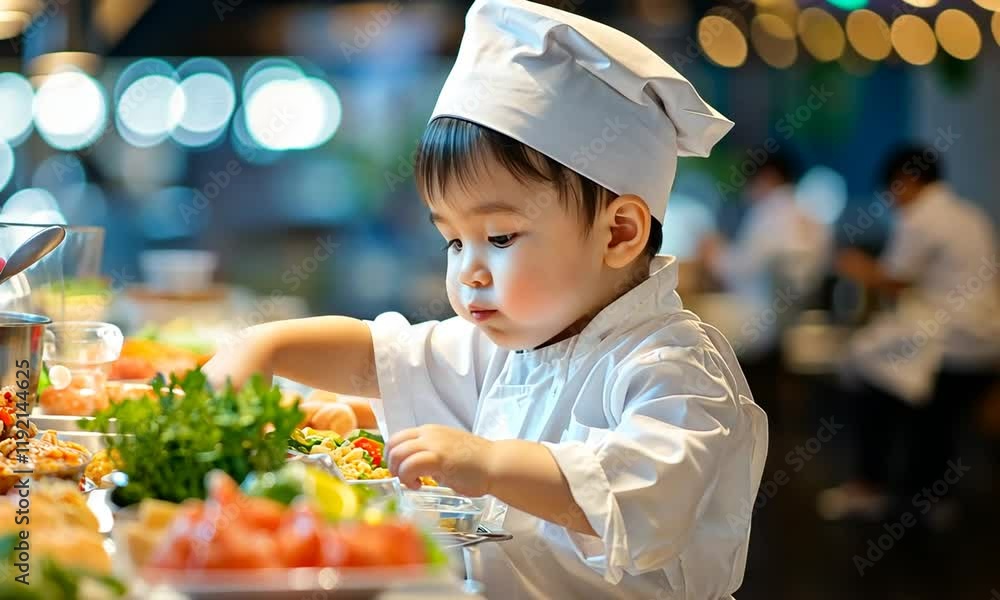 A Young Aspiring Chef in a Culinary Environment: Cute Child in Chef Uniform Sampling Fresh Ingredients in a Busy Kitchen Full of Colorful Fruits and Vegetables A Young Aspiring Chef in a Culinary Environment: Cute Child in Chef Uniform Sampling Fresh Ingredients in a Busy Kitchen Full of Colorful Fruits and Vegetables
