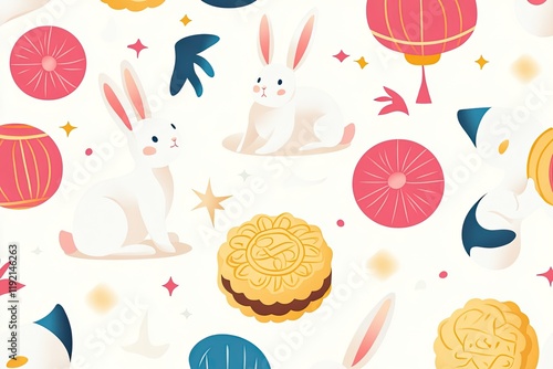 A playful animation of Mid-Autumn Festival icons like rabbits, mooncakes, and lanterns in a repeating pattern, celebrating the festive season. photo