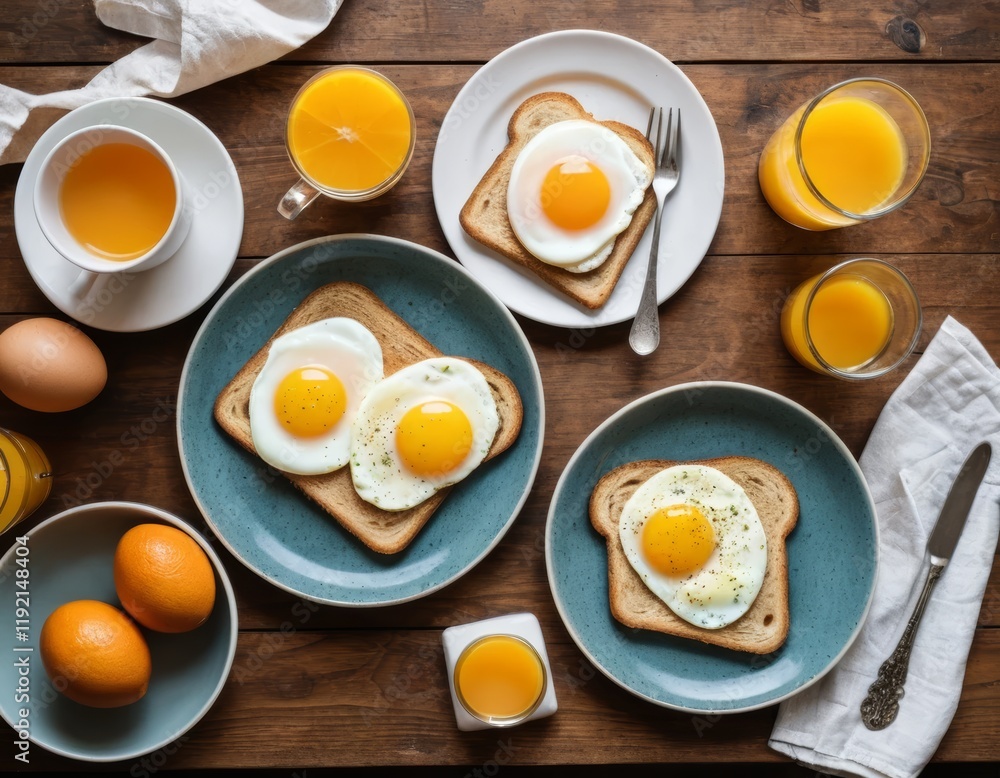 Delicious Breakfast: Sunny-Side Up Eggs on Toast with Orange Juice Delicious Breakfast: Sunny-Side Up Eggs on Toast with Orange Juice