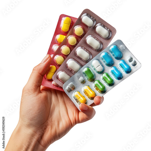 Hand holding tablets in strip available PNG on white background