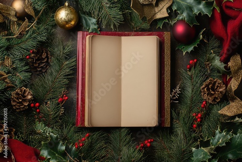 minimalistic flat lay of an empty notebook surrounded by a pine garland and festive red and gold decorations. photo