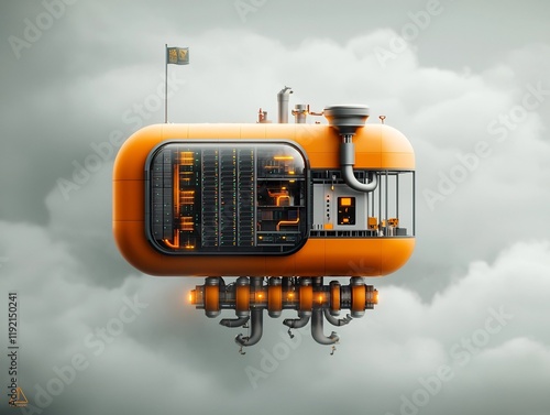 Floating Modular Seaborne Server Farm Housed in Reclaimed Oil Platform with Streamlined Aerodynamic Silhouette and Intricate Network of Pipes and photo