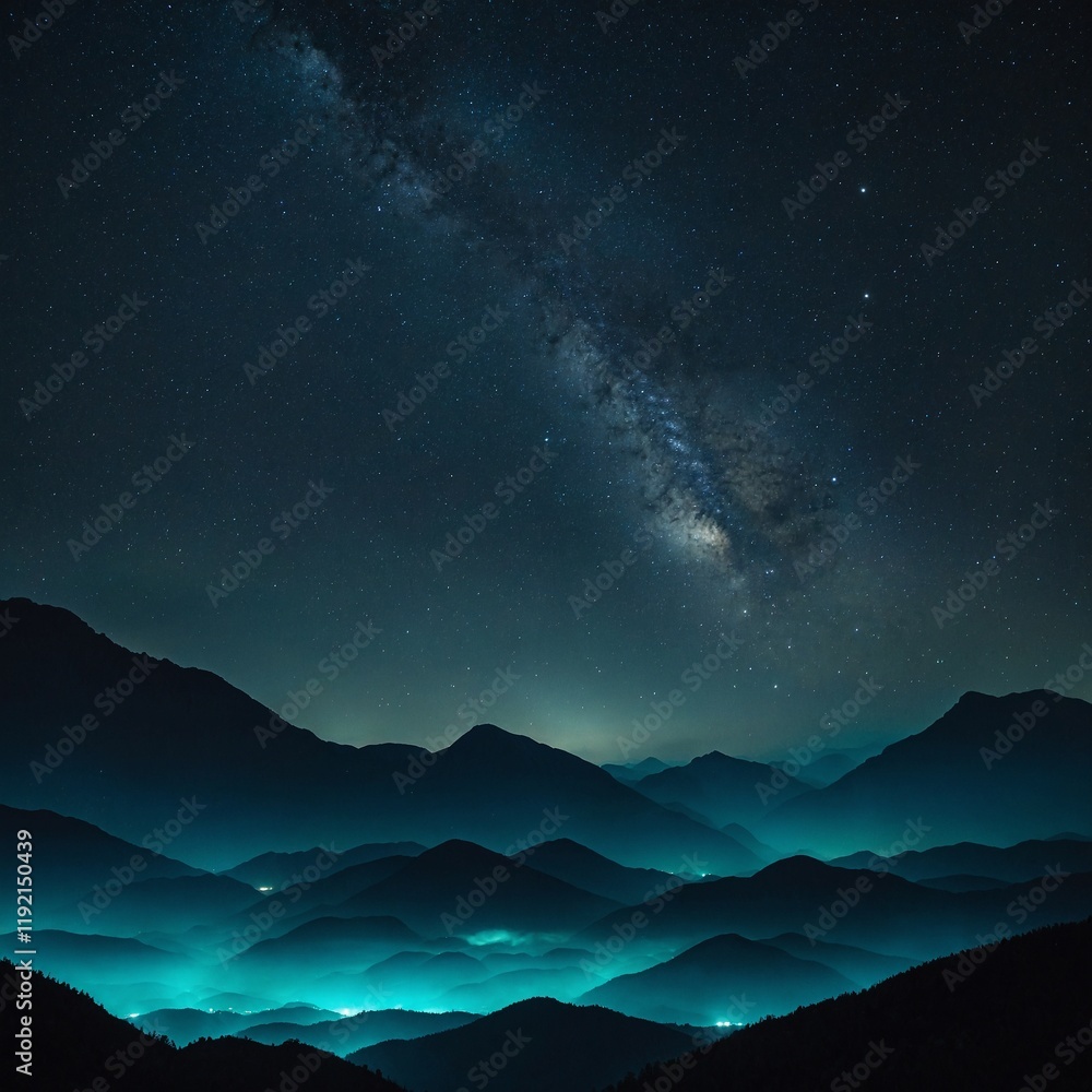 Fototapeta premium Teal mountains silhouetted against a starry sky.