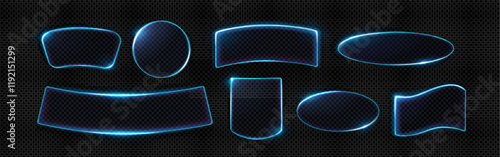 Transparent neon light frames set isolated on background. Vector realistic illustration of round, oval and abstract shape borders, web or mobile app user interface design elements, blank screens