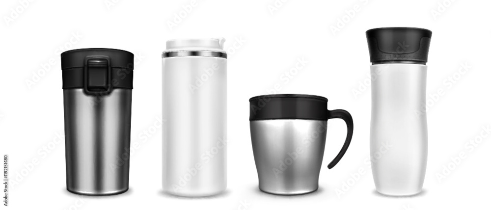 3D tumbler cup mockups set isolated on white background. Vector realistic illustration of stainless steel thermo mug with black plastic lid, blank bottle for hot and cold drinks, camping equipment