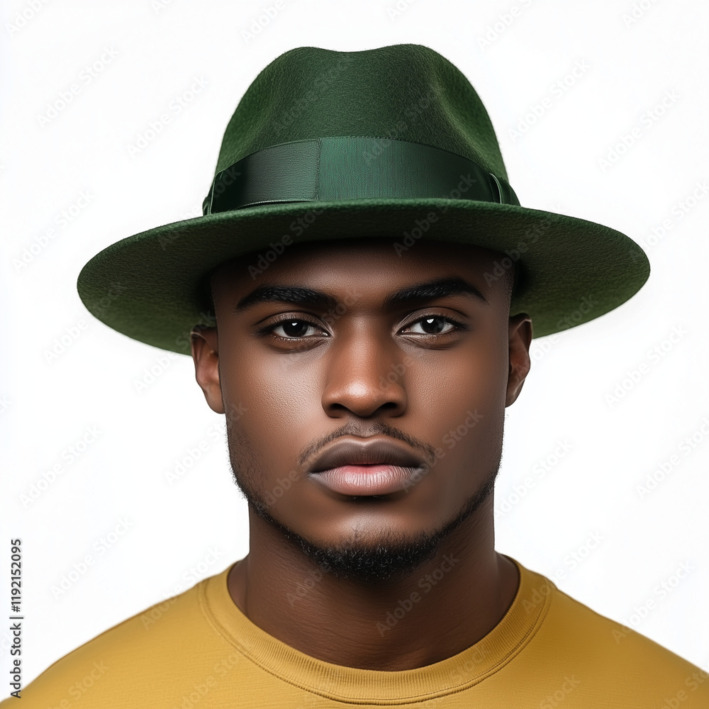 Green felt fedora with wide brim and ribbon around the band on top, worn by an African American male fashion model, on a transparent background Png Green felt fedora with wide brim and ribbon around the band on top, worn by an African American male fashion model, on a transparent background Png