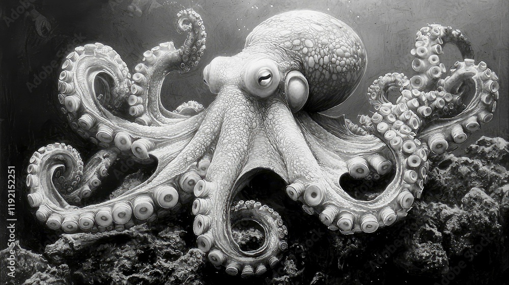 Fototapeta premium Majestic Octopus: A Monochromatic Masterpiece of Marine Life. A breathtakingly detailed black and white illustration showcasing the intricate beauty and power of an octopus in its underwater realm.