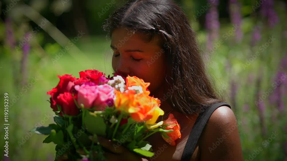 A Woman Embracing a Colorful Bouquet Surrounded by Natures Beauty and Splendor A Woman Embracing a Colorful Bouquet Surrounded by Natures Beauty and Splendor