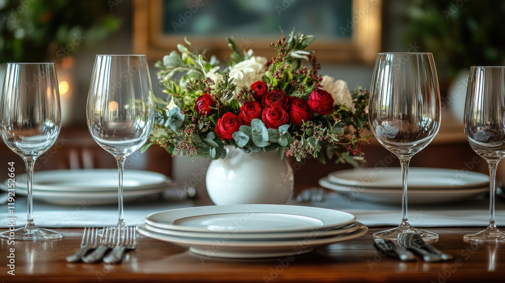 Household objects displayed as a dining table set with plates, napkins, and wine glasses for a formal dinner Household objects displayed as a dining table set with plates, napkins, and wine glasses for a formal dinner