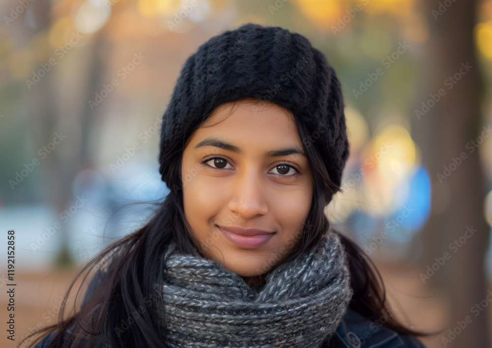 A serene close-up portrait of a woman wearing a knitted hat and scarf on a chilly day. The soft background enhances the warm and cozy feeling of the winter setting. A serene close-up portrait of a woman wearing a knitted hat and scarf on a chilly day. The soft background enhances the warm and cozy feeling of the winter setting.