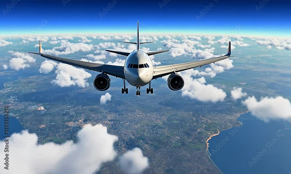 Aerial view of a modern airplane flying above clouds, showcasing its design and the expansive landscape below. Aerial view of a modern airplane flying above clouds, showcasing its design and the expansive landscape below.