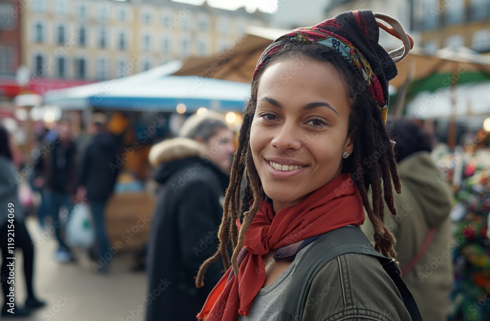 A woman with dreadlocks is smiling and wearing a red scarf. She is standing in a busy market with many people around her A woman with dreadlocks is smiling and wearing a red scarf. She is standing in a busy market with many people around her