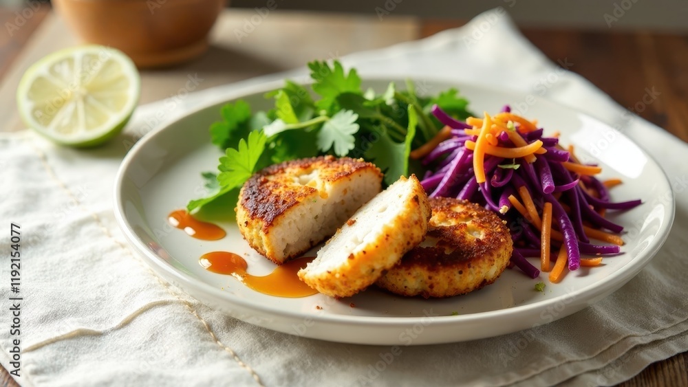 Savory Pan-Fried Fish Cakes Served with Vibrant Purple and Orange Salad and Tangy Sauce Savory Pan-Fried Fish Cakes Served with Vibrant Purple and Orange Salad and Tangy Sauce