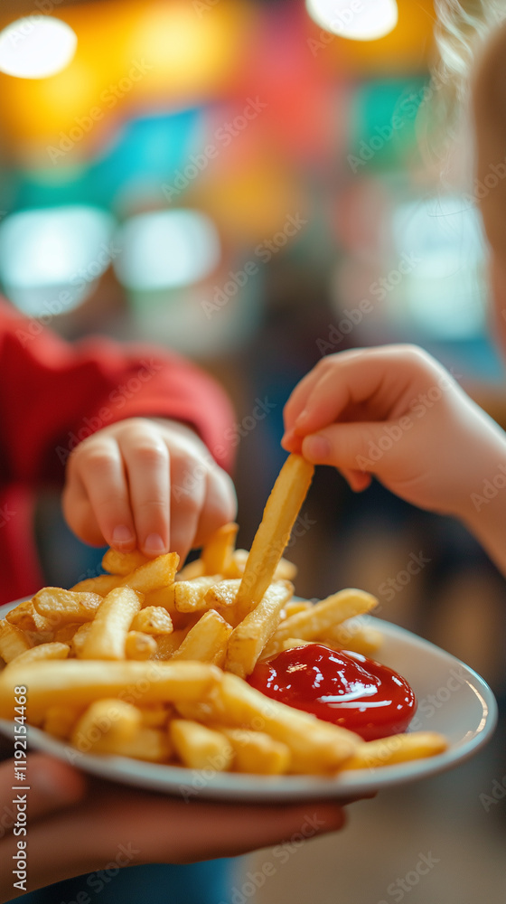 Group of children enjoying fries dipped in ketchup at a fun and colorful diner Group of children enjoying fries dipped in ketchup at a fun and colorful diner