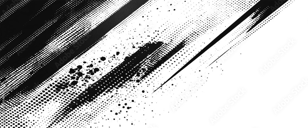 Vector black Ink splatter brush stroke on white halftone dots abstract background 
