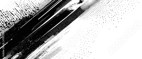 Vector black ink splatter brush stroke on diagonal halftone background.