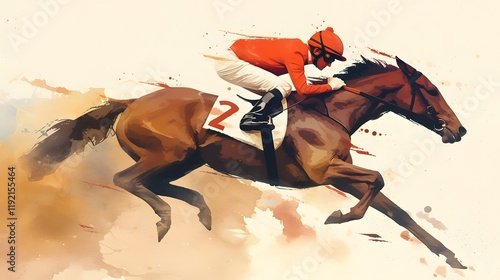 Watercolor illustration of a jockey riding at a gallop on a brown horse