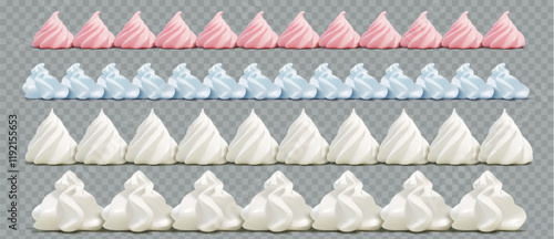 Whipped cream 3d border patterns - pink, blue and white meringue swirls arranged in rows. Realistic decorative frosting elements with different shapes, textures for cake and pastry decoration design.