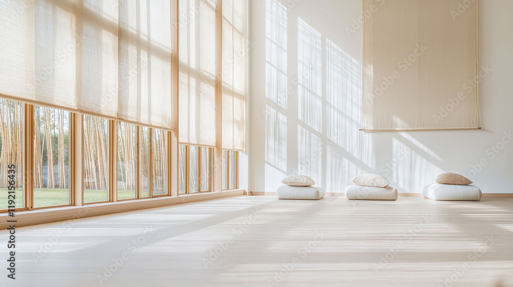 Obraz premium Bamboo Eco-Friendly Minimalist Interior Design. Bright, serene room with cushions and large windows letting in natural light.