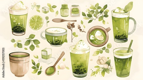 Watercolor matcha green tea elements, including cups and beverages from a caf, perfect for illustrating menu items or promotions