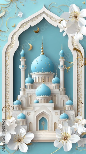 Wallpaper Mural Serene Islamic Architecture: A Stunning Blue Mosque Amidst Blossoming White Flowers Torontodigital.ca