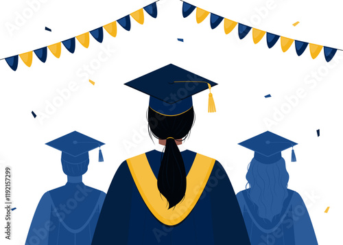 Close up back view illustration of female student and graduates silhouette. Graduates wearing a cap and gown, garland of flags and confetti. College or university ceremony.